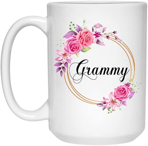 Gavinsdesigns Grammy Flor Novelty Coffee Caneca Presente para o Dia das Mães - Flores Rosa Grammy em moldura de ouro - Nova Flor da caneca Grammy - Presentes de aniversário para Grammy 11oz