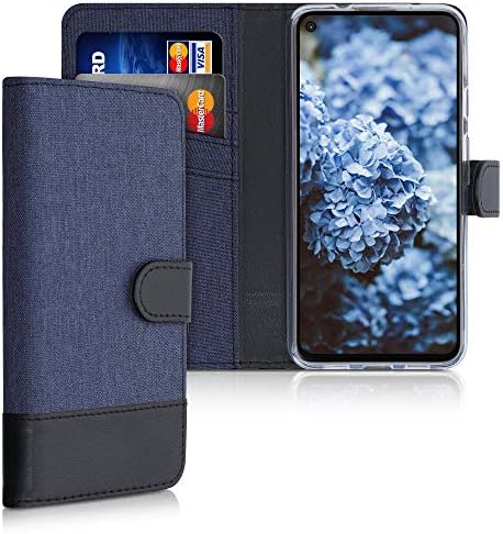 Caixa de carteira Kwmobile Compatível com Google Pixel 4A 5G - CASE Fabric e Faux Leather Phone Flip Tampa - Azul escuro/preto