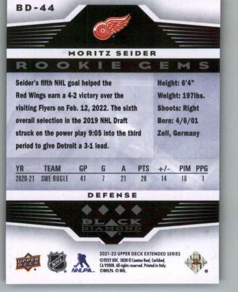 2021-22 DOCK UPENDENDENDO DIAMON DE BLACA EXENDIDO 2005-06 Retro BD-44 Moritz Seider RC RC Detroit Red Wings NHL Hockey Trading