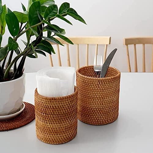 Kolmalk Handwoven Rattan Chopsticks Suports de utensílios de bambu conjunto de 2 | Utensílios redondos fixos para o balcão