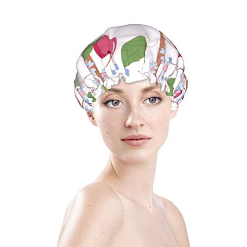 Mulheres reutilizáveis ​​hem de cabelo hem de chapéu de frutas flores de xadrez floral dupla camadas de chuveiro à prova d'água touca de banho de banho
