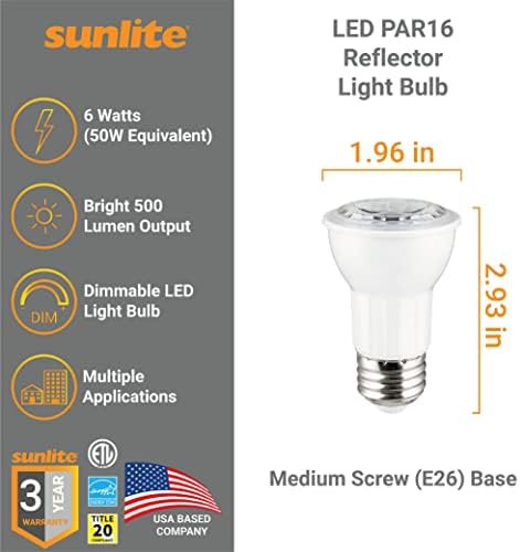 Sunlite 41801 LED PAR16 Lâmpada refletor, 6 watts, 500 lúmens, Base E26 média, alojamento, alojamento, holofote,