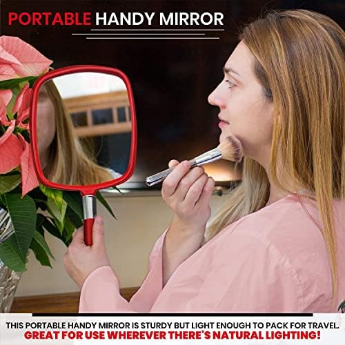Mirrorvana Sparkling Red Grande e confortável espelho de mão com alça e 20x e 10x Minfliing espelhado conjunto de combo pacote
