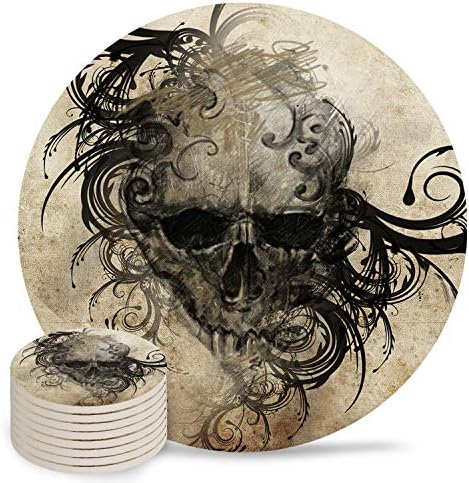 Coasters for Drinks Tattoos Skull Flower Padrão absorvente de pedra cerâmica Monta de pedra com arte Base Base Black Adequado para tipos de xícaras canecas de mesa de madeira conjunto de 8
