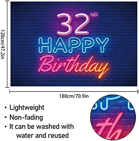Glow Neon Feliz 32º aniversário Decoração de bandeira preto - colorido brilhante de 32 anos de idade de festa de aniversário