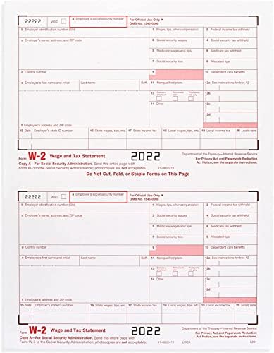 Formulários fiscais W2 2022, 4 Parte a laser Formulários, 25 funcionários do kit para o QuickBooks e software de contabilidade, envelopes self SEAL incluídos, IRS aprovados