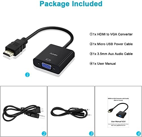 Conversor de Golvery HDMI para VGA, adaptador 1080p HDMI para VGA com cabo de áudio Micro USB e 3,5 mm para desktop,