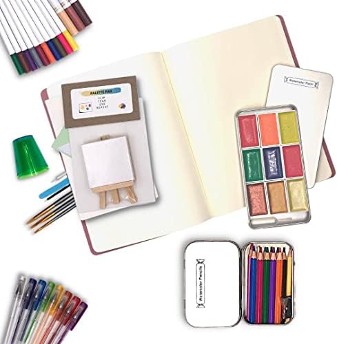 Deluxe 50+ peças Kit de diário de aquarela - 9 cores, caixa de lata, pincéis, materiais de arte, diário em branco, materiais de colagem - conjunto criativo de tinta aquarela para iniciantes, artistas, estudantes