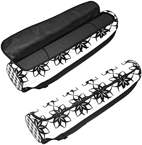 Bolsa de transportadora de tapete de ioga com alça de ombro preto e branco repetindo o padrão geométrico de flores de ioga bolsa de