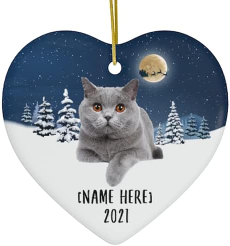 Ornamentos de gatos abrevinos britânicos fofos para 2023 Árvore de Natal Nome Personalizado Presentes 2024 Véspera de Ano Novo Decorações Branco Coração