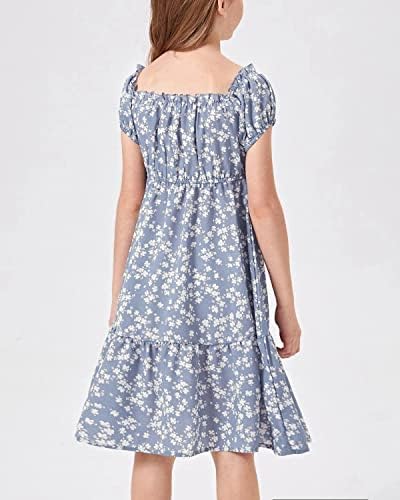 Poploli Girli Dress Summer Kids Floral Square pescoço manga A-line Midi vestidos