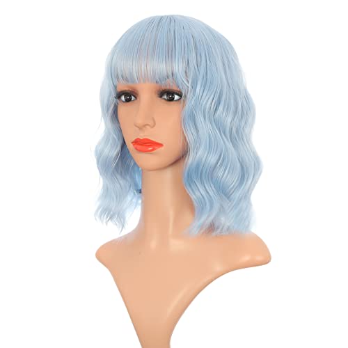Peruca azul claro, peruca azul com franja para mulheres, perucas curtas onduladas e onduladas para mulheres, peruca colorida