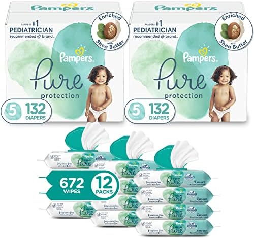 Pampers de proteção pura fraldas descartáveis ​​de bebê tamanho 5, 2 meses de fornecimento com lenços de bebê sensíveis aqua, pacotes pop 12x de 12x