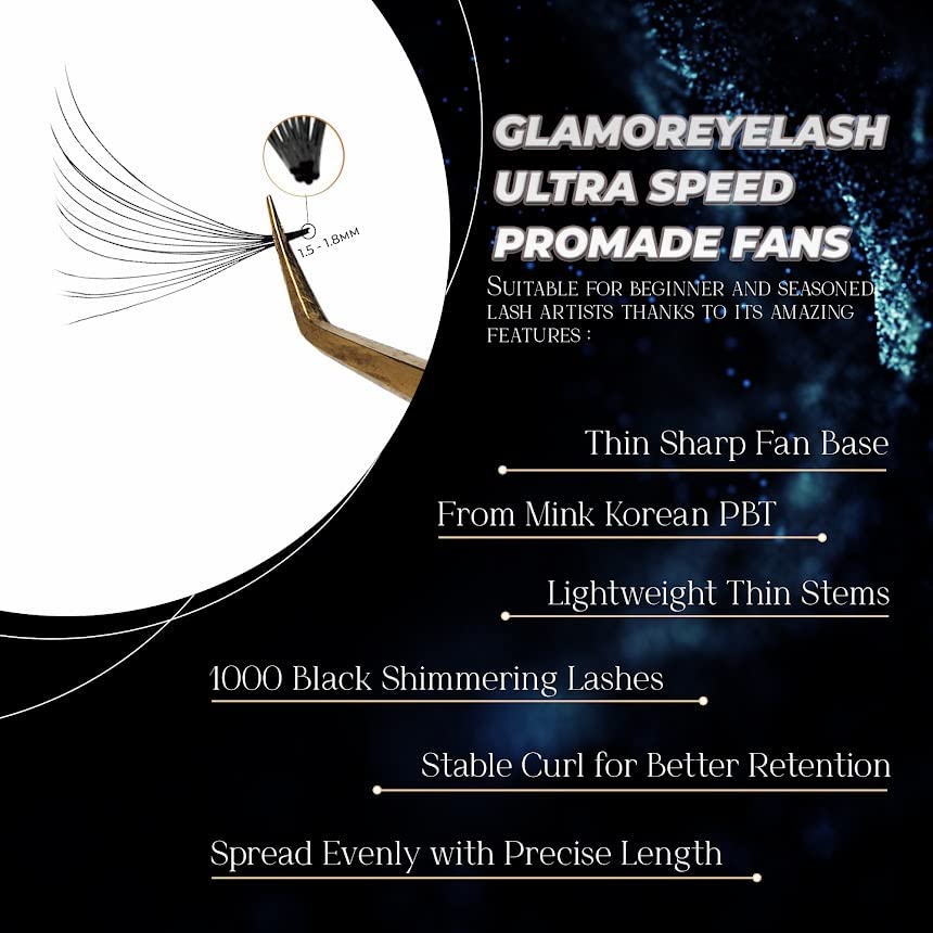 Glamoreyelash 1000 Ultra Speed ​​Speed ​​Provan Fãs | Extensão de cílios naturais 3d ~ 16d | Extensão de cílios individuais feitos à mão com 0,03/0,05/0,07 mm de espessura dos cílios de vison | C CC D Curl para cílios para os olhos de gato | 8 - 17 mm de comprimento para o cluster d