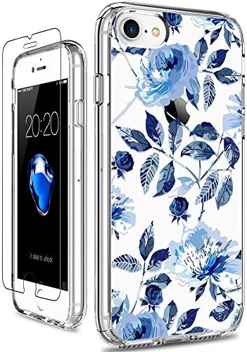 GIIKA iPhone SE 2020 Case, iPhone 8 Case, iPhone 7 com protetor de tela, Claro Case de Proteção Floral Girls Women Hard PC Case com TPU Capa de capa de para -choque para iPhone 8, Blue Flowers