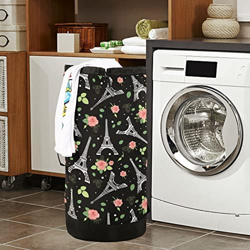 Mochila lavável de lavanderia Backpack grande bolsa de roupas sujas com alças de ombro ajustável, Eifel Tower Paris e rosas preto para lavar roupa pesada para a faculdade de viagem acampamento cinza