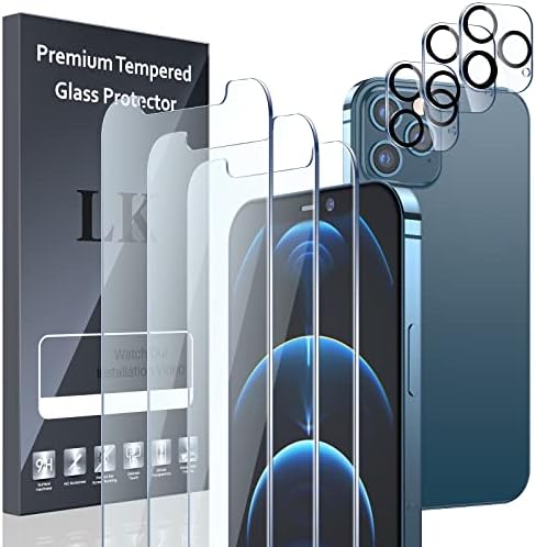 [3 + 3 pacote] LK 3Pack Screen Protector Compatível para iPhone 12 Pro máximo de 6,7 polegadas + 3pack Lente de câmera Protetor, vidro temperado, instalação de estrutura fácil, hd ultra-fino, dureza 9h, resistência a arranhões