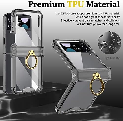 Miimall Compatível para Samsung Galaxy Z Flip 3 Case, [Proteção da dobradiça] [suporte de anel de metal] [dobra livre] [canto à prova de choque] Soft TPU Anti-arranhador Caso de pára-choques para Z Flip 3
