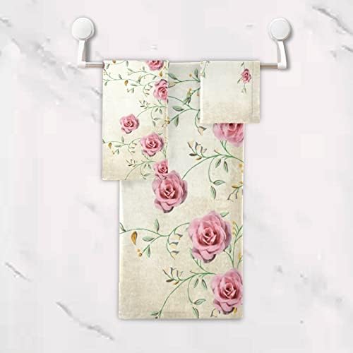 Toalhas de banho definidas para banheiro, flor de rosa rosa floral de primavera, conjunto de luxo de 3 toalhas, 1 toalha de