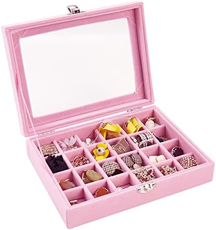 24 Grid Velvet Jewelry Storage Case de jóias rosa Organizador de caixa de anel Brincos de caixa de exibição Colares de pulseira Organizador de pulseira para meninas mulheres mãe esposa esposa
