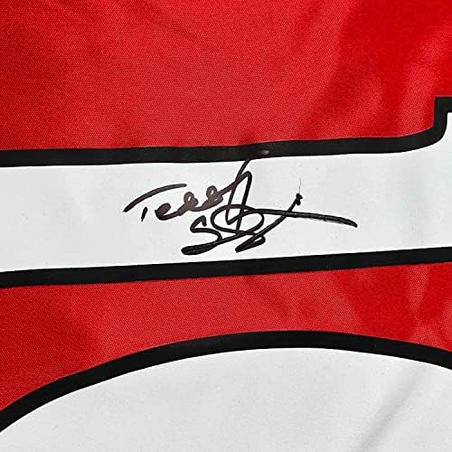 Teddy Sheringham autografado/assinado emoldado 33x42 Jersey de futebol vermelho Manchester United Beckett Bas Coa