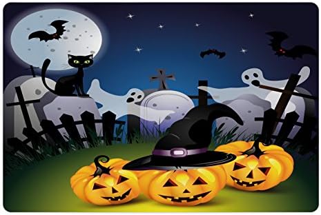 Lunarable Halloween Pet tapete para comida e água, design engraçado de desenhos animados com abóboras de abóboras chapas fantasmas cemitério de lua cheia, retângulo de borracha sem deslizamento para cães e gatos, multicolor
