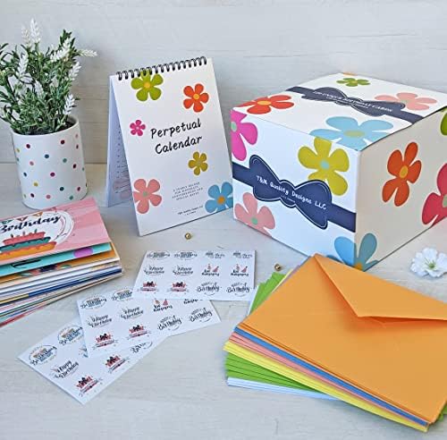 120 cartões de aniversário exclusivos em massa com envelopes multicoloridos, adesivos e calendário de aniversário perpétuo, grandes