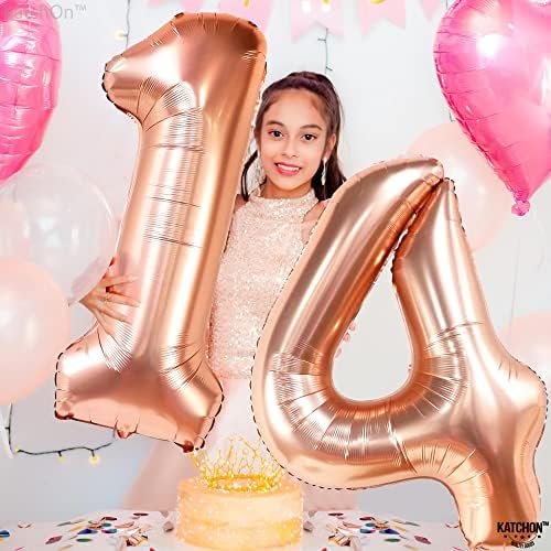 Gigante, Rose Gold 14 Números de balão Conjunto - 40 polegadas, número 14 Balões para aniversários | Feliz 14º aniversário decorações para meninas | Balões de ouro rosa 14 para aniversário de 14 anos | 14 Balões de aniversário