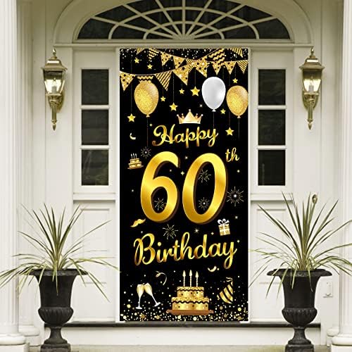 Banner de aniversário de 60 anos, 60º aniversário Decorações de festas de ouro preto Cenário e bandeira de portas para homens e mulheres, decoração de festa de aniversário de 60 anos
