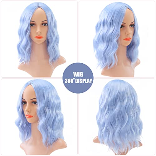 Peruca azul claro hnybee para mulheres curtas onduladas curly bob wig altura ombro parte parte cosplay peruca colorida