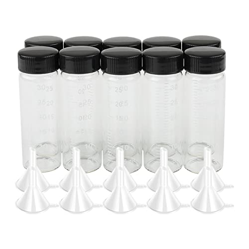 Kesell 10 pacote de 30 ml de vidro frasco transparente graduado medindo garrafas vazias reutilizáveis ​​frascos líquidos com tampa de parafuso de plástico e 10 funis