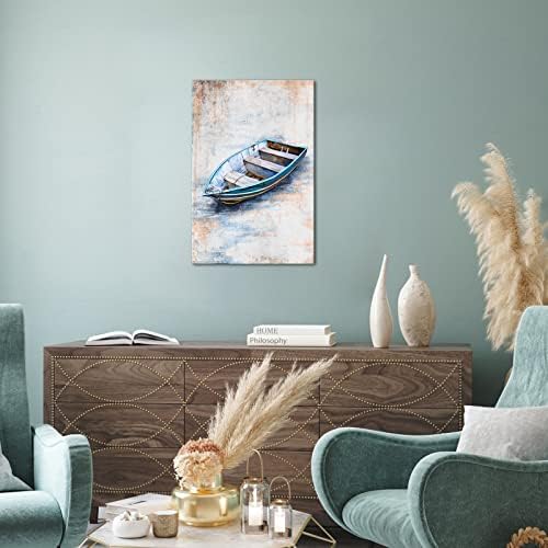 KLVOS NUATICAL WALL ART Blue Boat Canvas Prinha abstrato de paisagem de praia oceânica impressões de pintura moderna na tela para