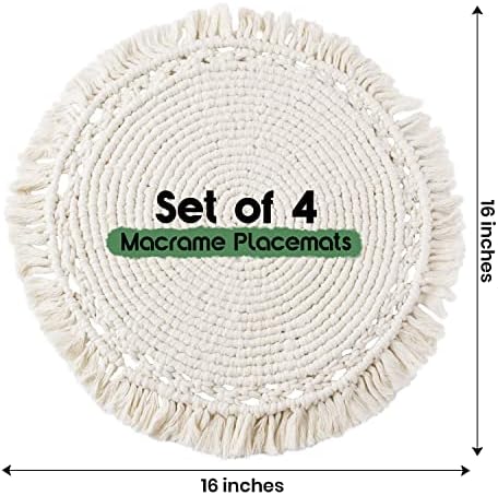 Snuglife Macrame Placemats Conjunto de 4 - Placemats de algodão de algodão artesanal - Placemats modernos da fazenda para mesa de jantar, cozinha, decoração de casamento boêmio, rústico natural de White, 16