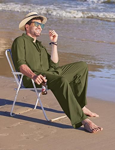 Coofandy Men's 2 peças linho conjuntos casuais botão de manga longa para baixo camisa cubana e calças soltas definidas para férias de praia roupas de férias