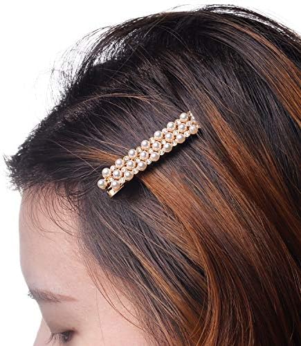 Lux Acessórios Conjunto de 2 pérolas douradas Cristal de pérolas de três camadas clipes de cabelo