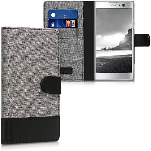 Caixa da carteira Kwmobile Compatível com Sony Xperia Xa2 - Caso Tecido e Faux Leather Phone Flip Tampa - Cinza/Preto