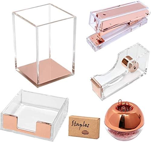 Conjunto de organizador de mesa acrílico transparente multibey - Inclua clipes de papel dispensador de fita com fita adesiva grampeador penteado portador de escritório suprimentos de escritório decoração para mulheres meninas