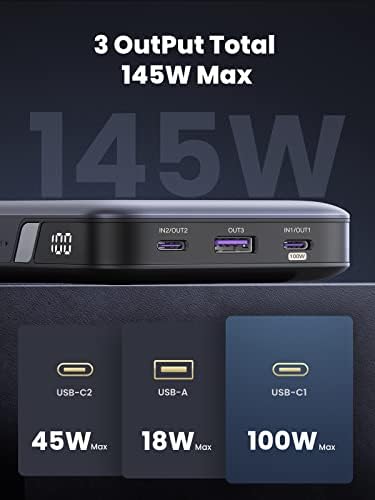 Ugreen 145W Power Bank 25000mAh Carregador portátil USB C 3 portas PD3.0 Battery Pack Display, Recarga rápida de 65W,
