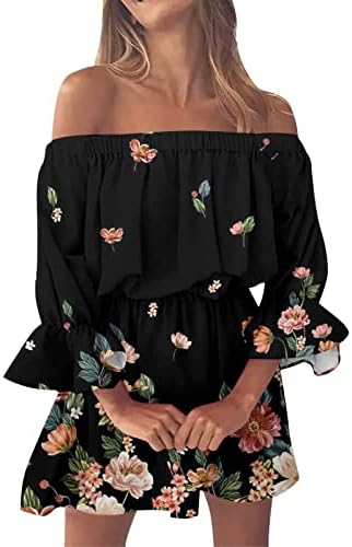 Vestidos de verão para mulheres 2023 casual fora do ombro de ombro, impressão floral solta boho vestido de campainha blusa mini vestidos, vestidos femininos preto xxl