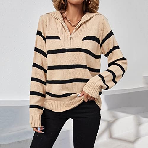 Suéteres oplxuo para mulheres zípeira de lapela de lapela de lapela de lapidação longa Sweatshirts listra colorido de algodão de tricotar