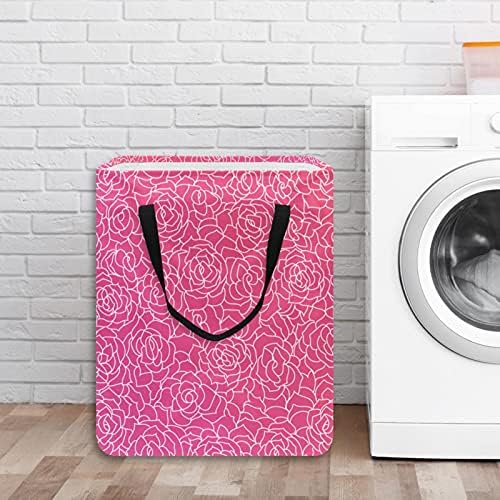 Hampers de lavanderia de padrão de rosas rosa, cesta de roupa dobrável à prova d'água com alças para berçário da faculdade
