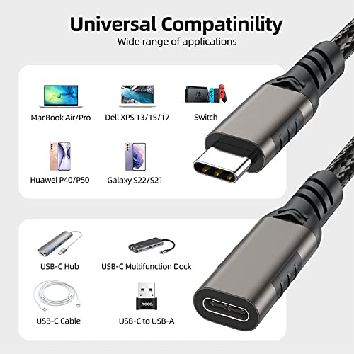 Cabo de extensão USB C 10 pés 2-Pack, nylon trançado USB tipo C, cordão de extensor CORD MASCH para fêmea, USB C 3.1 100W