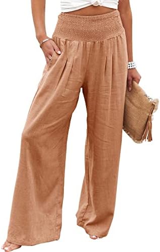 Calças de linho QSXLTs para mulheres - Linho de algodão casual feminino Palazzo calça de verão calças de calça de calça