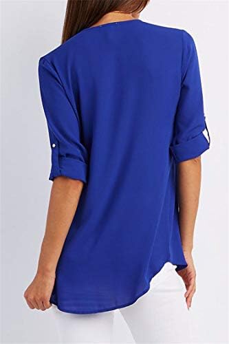 Andongnywell Women Feminino Feminino V zíper puxado manga solta camisa de chiffon túnices de camisetas blusas com zíper