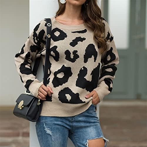 Camiscor de gola alta feminina O-pescoço de leopardo Pullover de manga comprida Sweater Sweater Top Suplover Top Sweatters