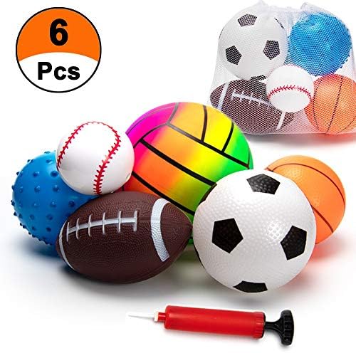 Bola Beetoy Prepara para crianças 1-3, bolas variadas de bola de bola de esportes de bola infantil Bolas de brinquedos de brinquedos de brinquedos - Bola de playground de bola de futebol Rugby de beisebol de basquete - inflável com bomba, 6 pcs