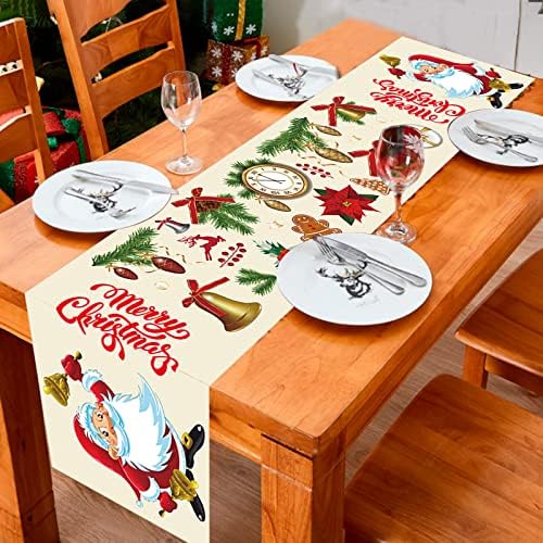 Feliz Natal Runner, 72 polegadas de comprimento de férias de férias de Natal Decorações de mesa de mesa, lenços de cômodas de festa de Natal Bell Papai Noel Runner para a mesa de jantar de cozinha em casa Decoração de mesa de jantar