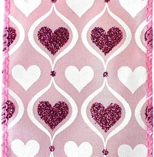 Homeford Valentines Hourglass Glitter Hearts Wired Ribbon, 2-1/2 polegadas, 10 jardas