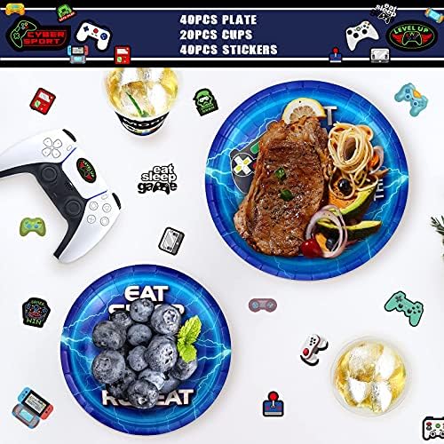 Vídeo de videogames de festas de aniversário para 20 convidados, decorações de festas de videogame azul incluem pratos