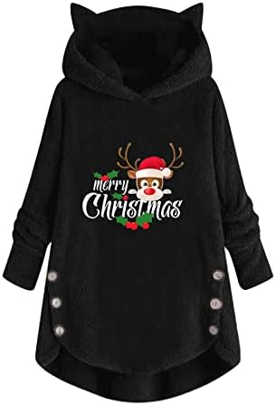 Plush Pullover Tops da mulher Impressão de Natal Capinho de gato Capuz de capuz de mangas compridas casaco de moletom casual